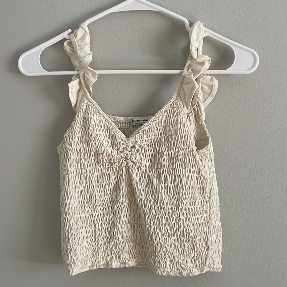 Stradivarius ruched ruffle strap crop top